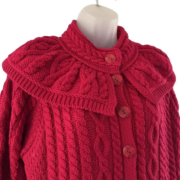Aran Crafts Long Cardigan Sweater Womens L Red Wool Cable Knit Ireland Fisherman - Picture 3 of 16